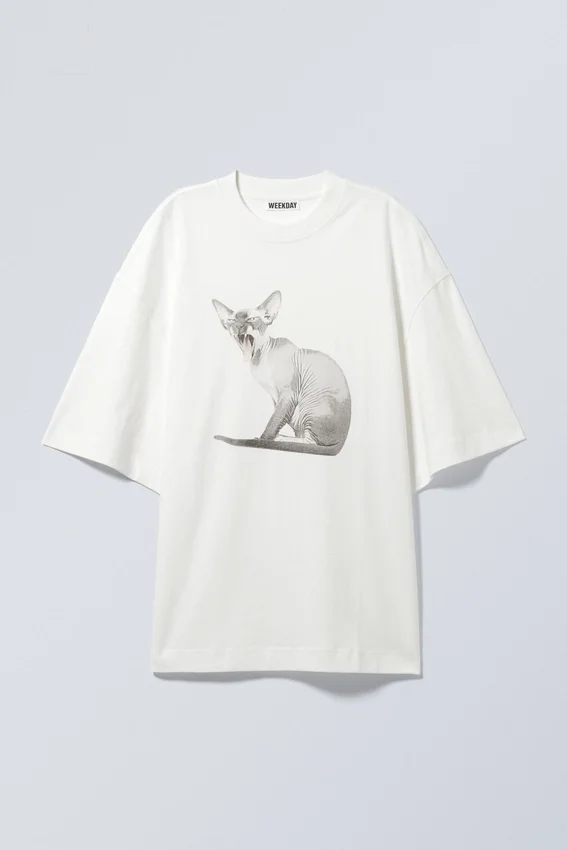 Wide Oversized Printed T-Shirt – White – Sphynx Cat Wide Oversized Printed T-Shirt – White – Sphynx Cat