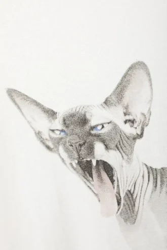 Wide Oversized Printed T-Shirt – White – Sphynx Cat