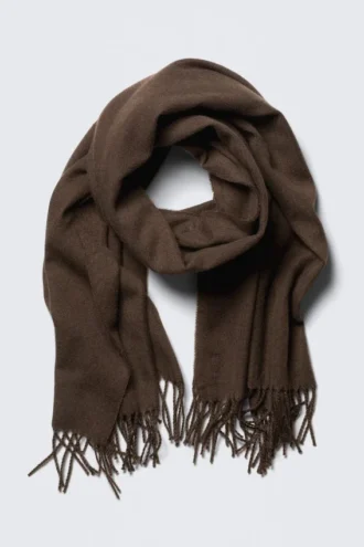 Wool Blend Fringe-Edge Blanket Scarf – Dark Brown