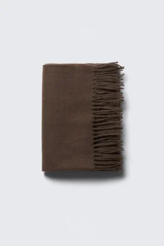 Wool Blend Fringe-Edge Blanket Scarf – Dark Brown