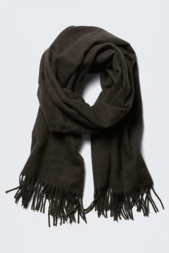 Wool Blend Fringe-Edge Blanket Scarf – Dark Grey Check