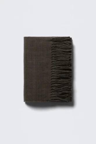 Wool Blend Fringe-Edge Blanket Scarf – Dark Grey Check