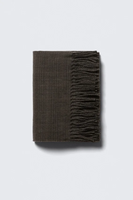 Wool Blend Fringe-Edge Blanket Scarf – Dark Grey Check Wool Blend Fringe-Edge Blanket Scarf – Dark Grey Check