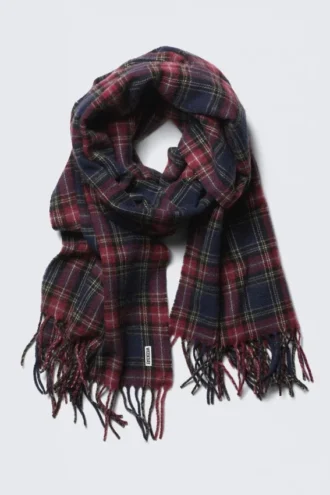 Wool Blend Fringe-Edge Blanket Scarf – Dark Red Check