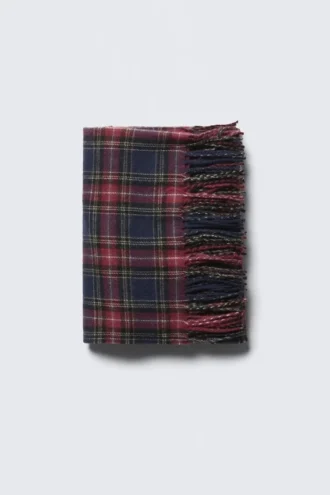 Wool Blend Fringe-Edge Blanket Scarf – Dark Red Check