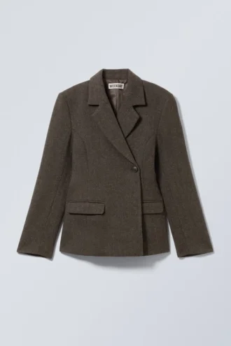 Wool-Blend Herringbone Blazer – Brown/Grey