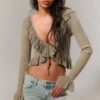 Yulia B Frilled Knitted V-Neck Cardigan – Dusty Khaki Green Yulia B Frilled Knitted V-Neck Cardigan – Dusty Khaki Green