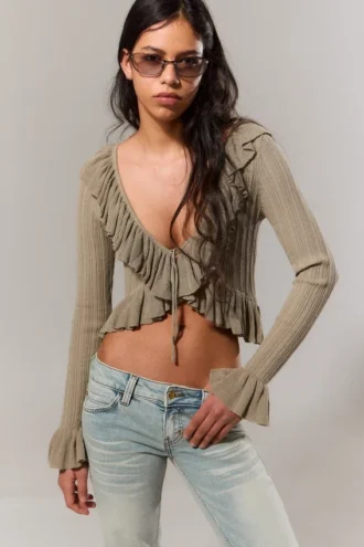 Yulia B Frilled Knitted V-Neck Cardigan – Dusty Khaki Green