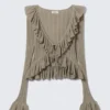 Yulia B Frilled Knitted V-Neck Cardigan – Dusty Khaki Green Yulia B Frilled Knitted V-Neck Cardigan – Dusty Khaki Green