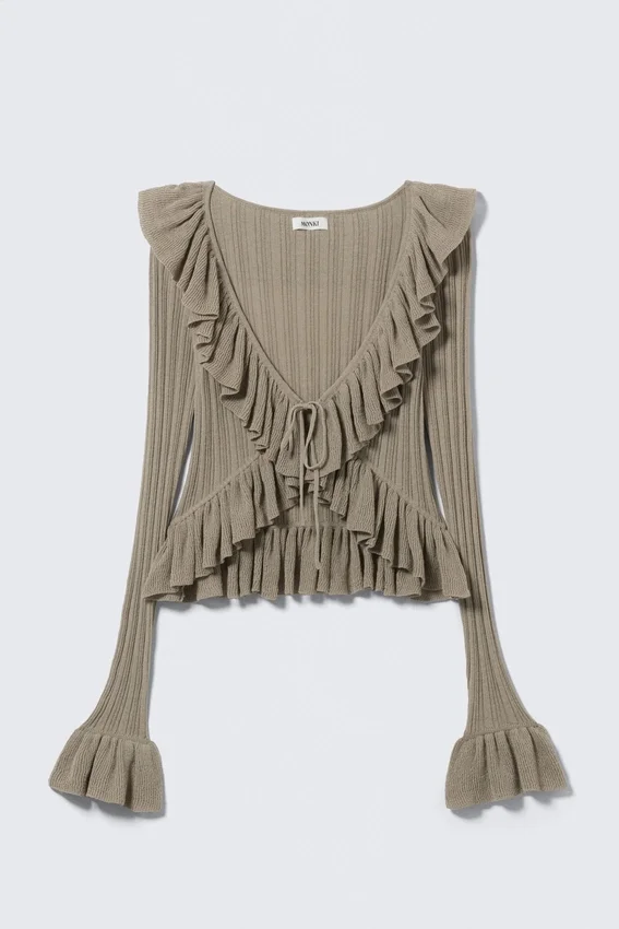 Yulia B Frilled Knitted V-Neck Cardigan – Dusty Khaki Green Yulia B Frilled Knitted V-Neck Cardigan – Dusty Khaki Green