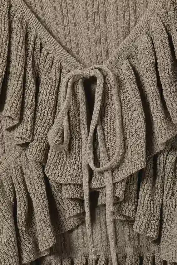 Yulia B Frilled Knitted V-Neck Cardigan – Dusty Khaki Green Yulia B Frilled Knitted V-Neck Cardigan – Dusty Khaki Green