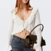 Yulia B Frilled Knitted V-Neck Cardigan – White Yulia B Frilled Knitted V-Neck Cardigan – White