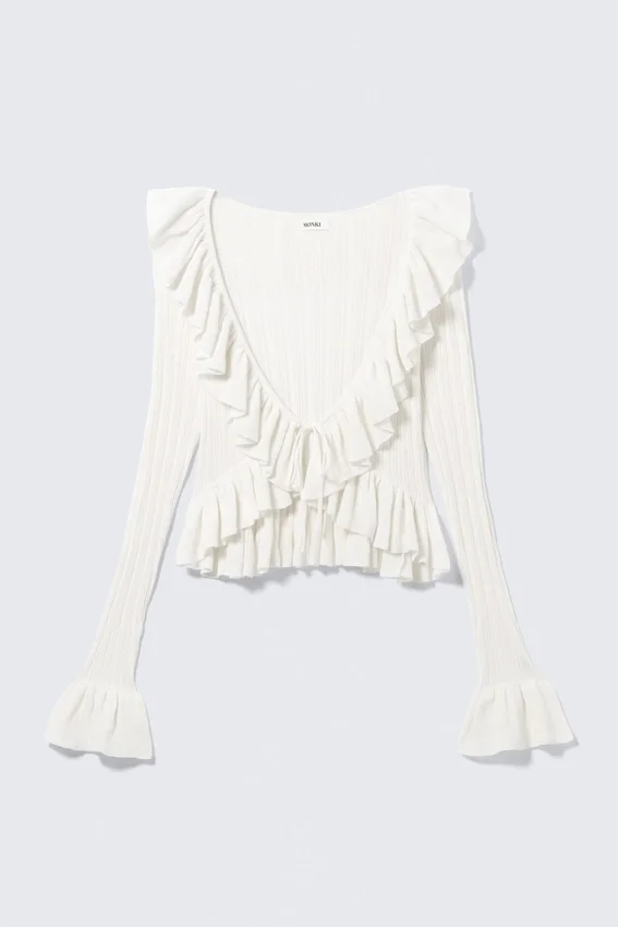 Yulia B Frilled Knitted V-Neck Cardigan – White Yulia B Frilled Knitted V-Neck Cardigan – White