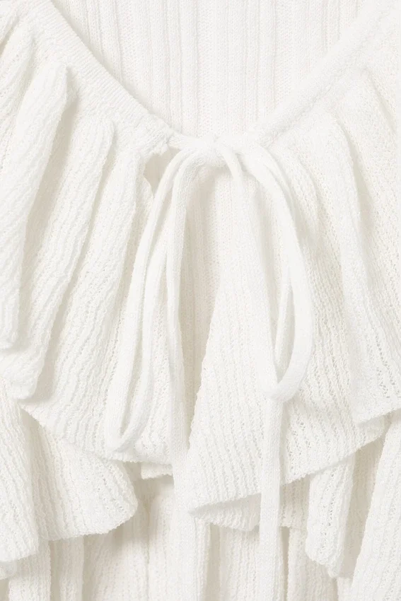 Yulia B Frilled Knitted V-Neck Cardigan – White Yulia B Frilled Knitted V-Neck Cardigan – White