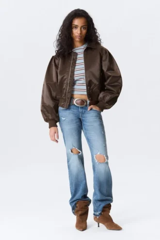 Yulia B Loose Nylon Bomber Jacket – Dark Brown