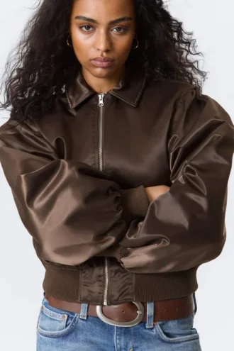 Yulia B Loose Nylon Bomber Jacket – Dark Brown
