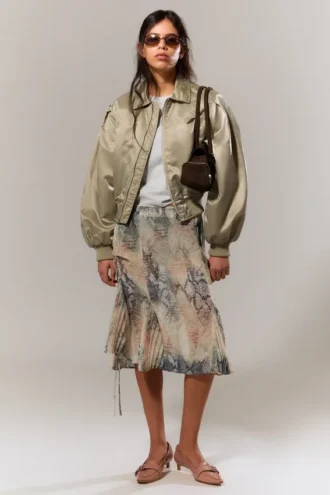 Yulia B Loose Nylon Bomber Jacket – Light Khaki Green