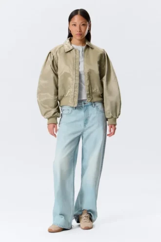 Yulia B Loose Nylon Bomber Jacket – Light Khaki Green