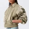 Yulia B Loose Nylon Bomber Jacket – Light Khaki Green Yulia B Loose Nylon Bomber Jacket – Light Khaki Green