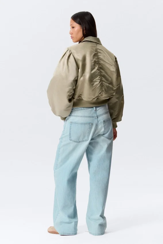 Yulia B Loose Nylon Bomber Jacket – Light Khaki Green Yulia B Loose Nylon Bomber Jacket – Light Khaki Green
