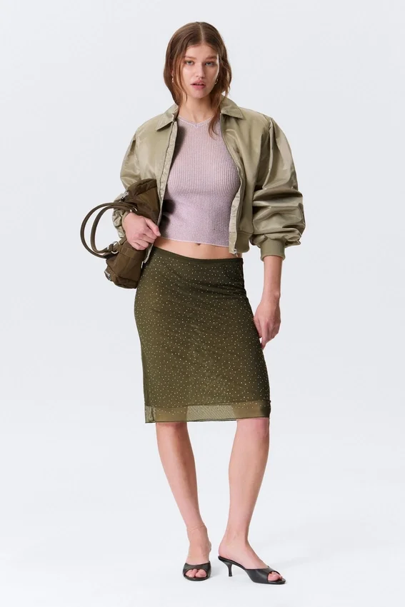 Yulia B Mesh Rhinestone Midi Skirt – Khaki Green – Rhinestones Yulia B Mesh Rhinestone Midi Skirt – Khaki Green – Rhinestones