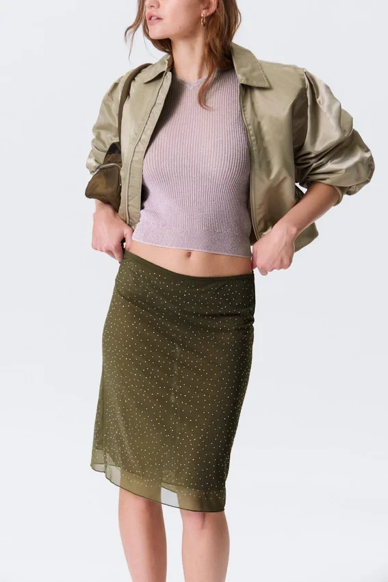 Yulia B Mesh Rhinestone Midi Skirt – Khaki Green – Rhinestones Yulia B Mesh Rhinestone Midi Skirt – Khaki Green – Rhinestones