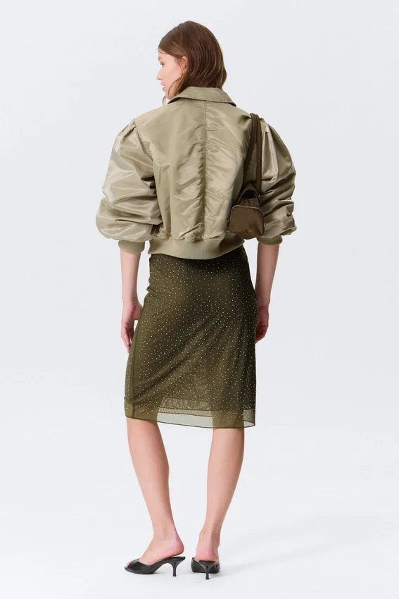 Yulia B Mesh Rhinestone Midi Skirt – Khaki Green – Rhinestones Yulia B Mesh Rhinestone Midi Skirt – Khaki Green – Rhinestones