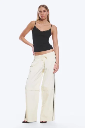 Zip-Off Nylon Track Trousers – Beige – Black Stripe