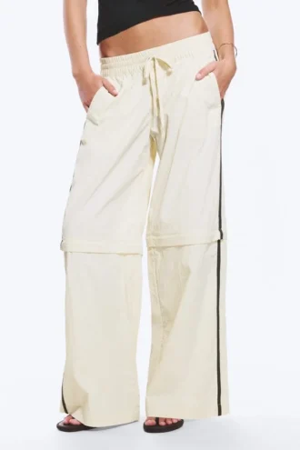 Zip-Off Nylon Track Trousers – Beige – Black Stripe