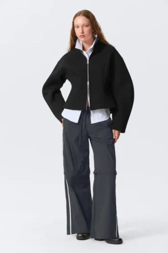 Zip-Off Nylon Track Trousers – Black – Beige Stripe